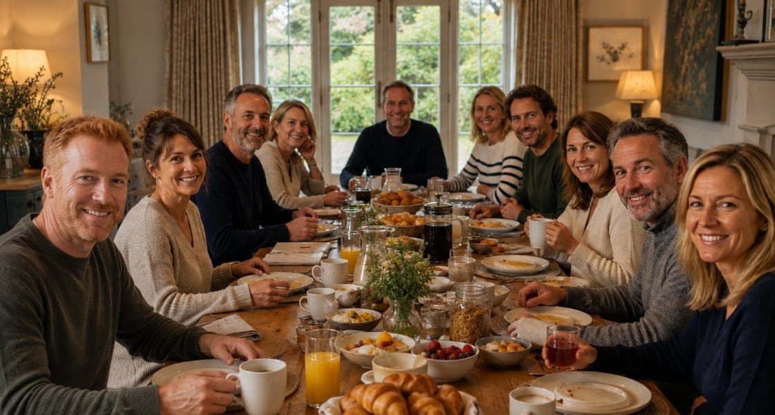 A long table of family and friends at breakfast