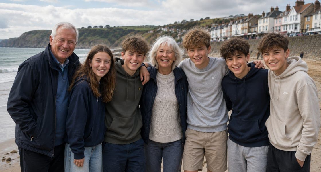 Grandparents and five grandchildren on a beach