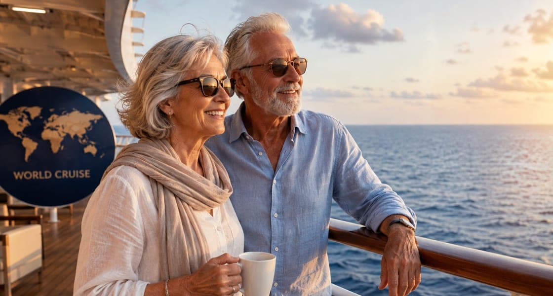 A couple on the deck of a ship at sunset