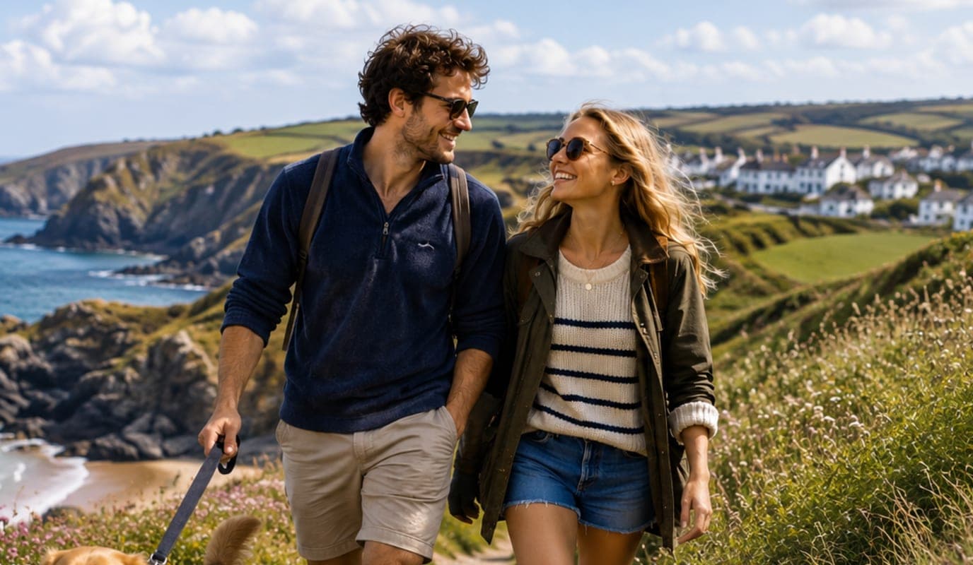 Two people and a dog on a coast path