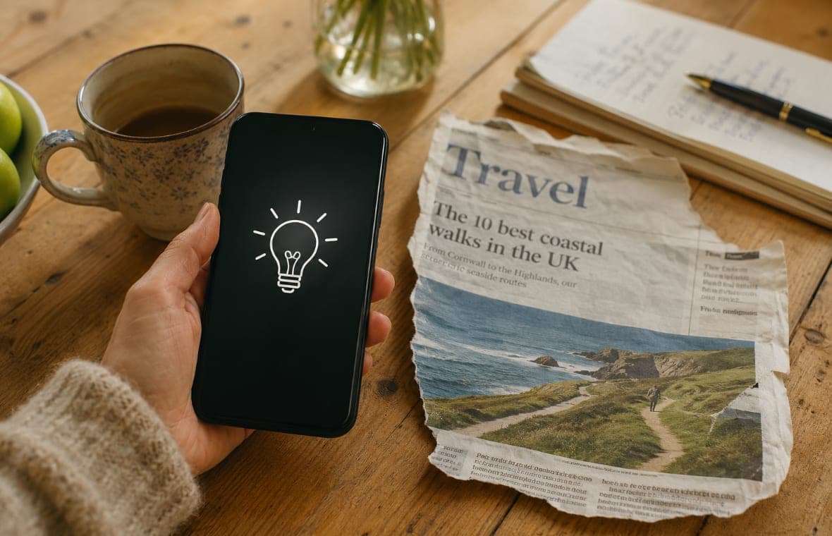 A phone and a torn newspaper travel page on a kitchen table
