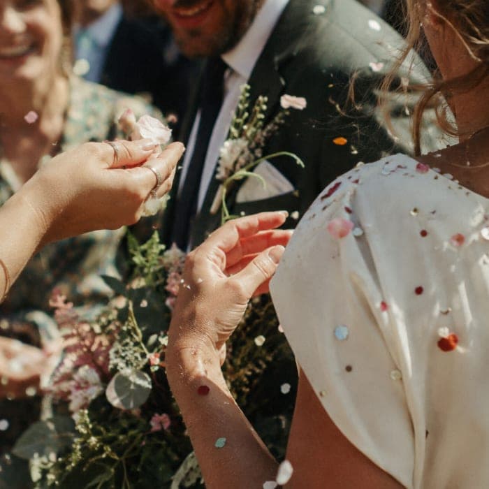 Confetti on a bride's shoulder